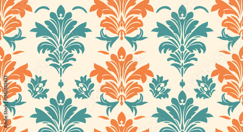 Decorative repeating damask design with refined symmetrical floral accents