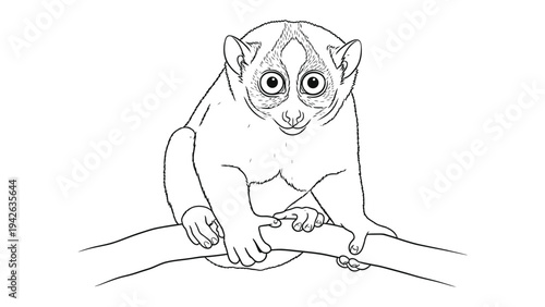 Slow Loris sketch: A detailed illustration of a slow loris perched gracefully on a branch, its large, captivating eyes and delicate features capturing the animal's gentle nature.