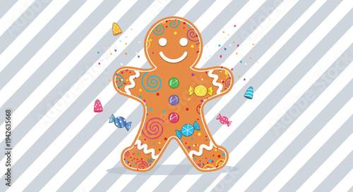 Smiling gingerbread man cookie decorated with colorful swirls and candies on a grey and white striped background.