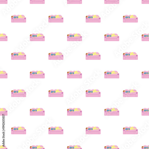 Person napping or relaxing on a comfortable pink sofa in a seamless pattern