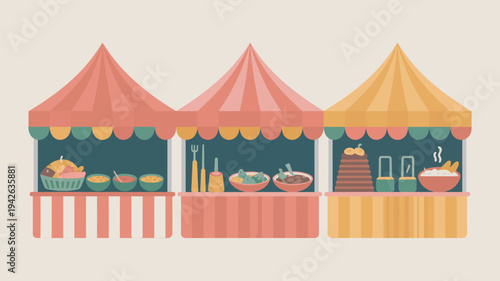 A vibrant illustration of three colorful food stalls at an outdoor market with various dishes on display