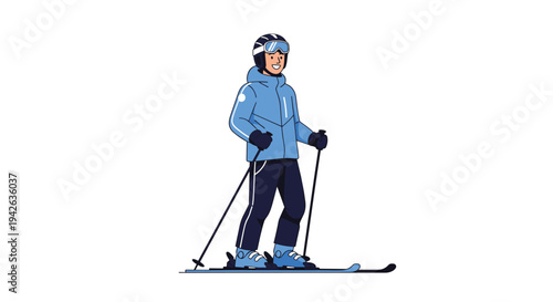 Happy man skiing in a blue winter jacket and helmet with goggles isolated on a plain white background.