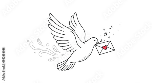 Flying white dove carrying a letter sealed with a heart in its beak with musical notes and feathers in the air.