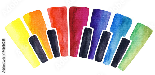 Rainbow piano keys. Colorful music conceptual vector composition with watercolor paint elements.