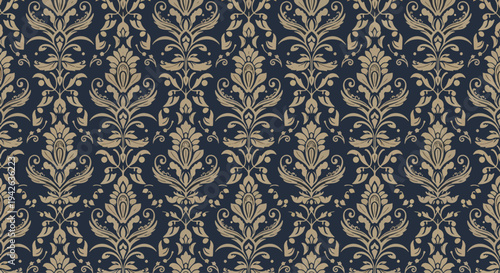 Traditional damask textile pattern with symmetrical floral shapes and refined style