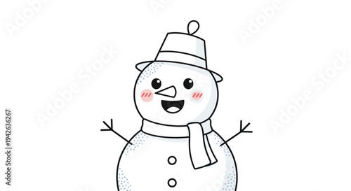 Happy cartoon snowman wearing a winter hat and scarf while smiling and waving his stick arms on a clean white background.