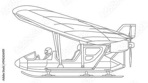 Amphibious aircraft sketch: Detailed monochrome line art illustration of a amphibious aircraft featuring a single pilot and a propeller, showcasing a design for both water and air travel.