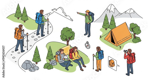 Camping Scene with Hikers and Tent.