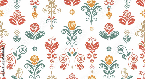 Seamless decorative pattern featuring intricate damask leaves and classic baroque styling