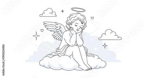 Peaceful little angel with wings and a halo sitting on a fluffy cloud surrounded by soft stars and floating hearts.