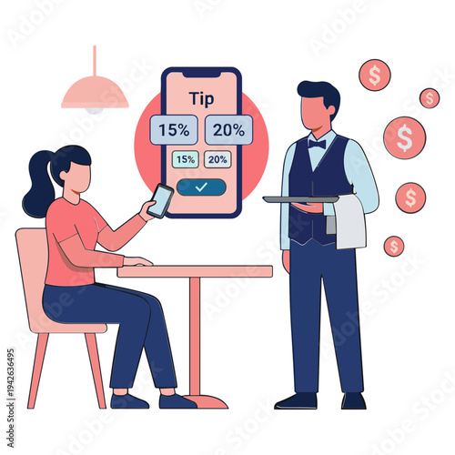 Woman sitting at a table using a mobile phone to calculate tip for a waiter standing beside her.
