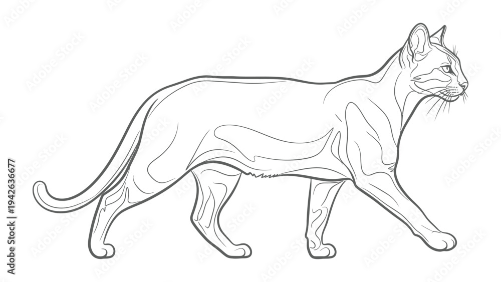 Fototapeta premium Contour of Cat in Motion: A sleek line drawing captures the elegance of a cat in mid-stride, showcasing its graceful form and poised movement. 