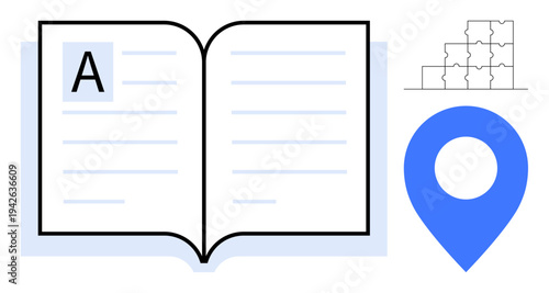 Education concept. Education resources ed by an open book, a puzzle, and a location pin. Education highlights learning, exploration, and discovery. For schools, libraries e-learning travel