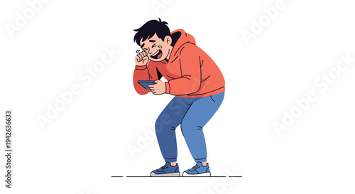 Young boy in a red hoodie and blue pants doubling over while crying with laughter as he looks at his smartphone.