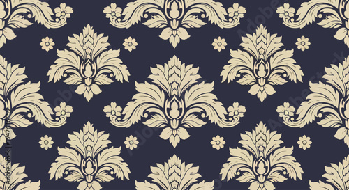 Vintage inspired seamless wallpaper with intricate damask elements and decorative flourishes