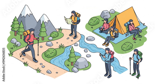 Camping Trip with Friends Hiking Together.