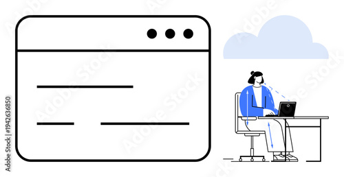 Cloud computing. Cloud computing concept showing a woman working remotely on a laptop with cloud-based collaboration. Cloud services enable connectivity and communication. For technology, remote