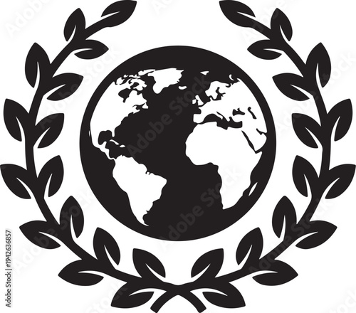 Black and white illustration of Earth with laurel wreath