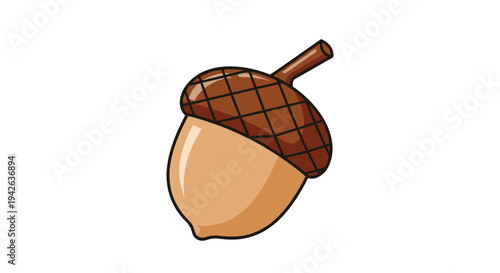 Realistic brown acorn with a textured cap and a small stem isolated on a white background representing autumn and nature.