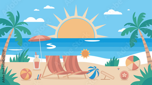 A serene beach scene with two red lounge chairs under a red umbrella, surrounded by palm trees and beach balls, with a calm ocean and sunny sky in the background.