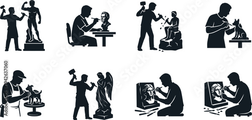 Professional Artist and Sculptor Silhouettes Set Featuring Detailed Statue Carving Clay Modeling and Classical Fine Art Studio Work