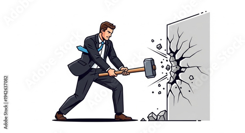 Businessman Breaking Through Wall with Sledgehammer.
