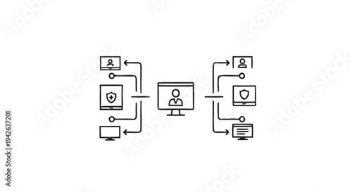 Network diagram showing interconnected computers and security icons.