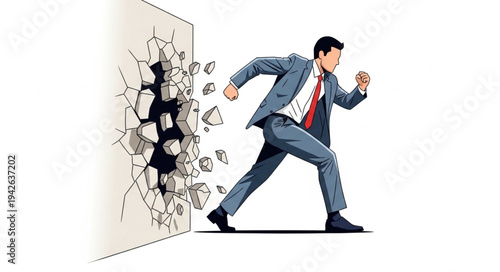Businessman Breaking Through Wall.