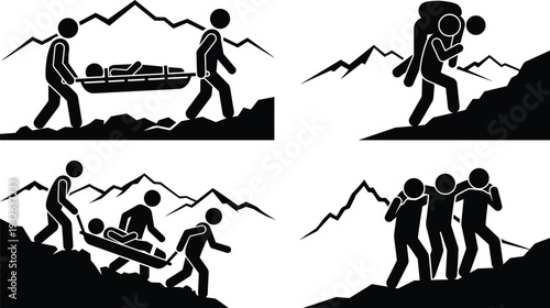 Professional Mountain Rescue Icon Set Featuring Emergency Teams Carrying Victims on Stretchers and Evacuating Injured Hikers in Rugged Terrain