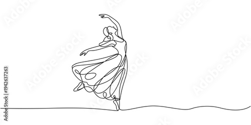 Continuous line drawing of woman dancing in long dress. Bride drawing in one continuous line. One line of a bride wearing a wedding dress. Marriage Concept . Beautiful woman in dress. Vector