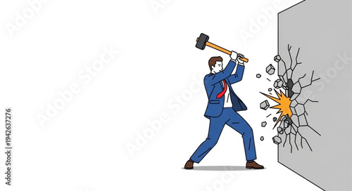 Businessman Breaking Wall with Sledgehammer.