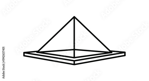 Black and white line drawing of a four sided pyramid standing on a square base representing ancient architecture and geometry.