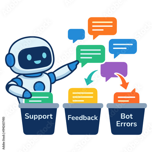 Robot sorts colorful speech bubbles into Support, Feedback, and Bot Errors bins