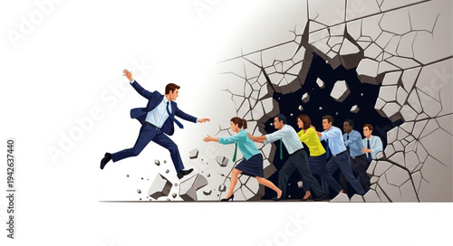 Businessman jumping through concrete wall.