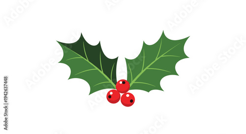 Classic christmas holly decoration featuring three bright red berries and two green pointed leaves in a festive holiday style.