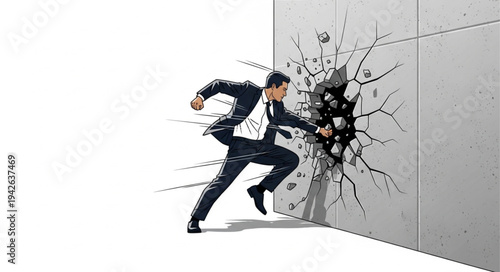 Businessman Running into Collapsing Wall.
