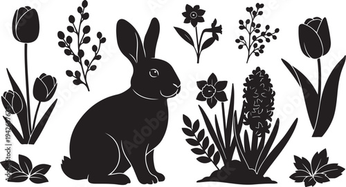 Black silhouette of a rabbit surrounded by various flowers