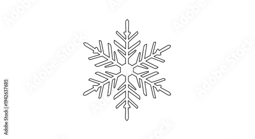 Detailed black and white outline of a symmetrical snowflake crystal with complex geometric patterns for winter themes.