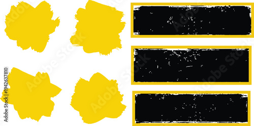 Abstract art composition with yellow blobs and black rectangles