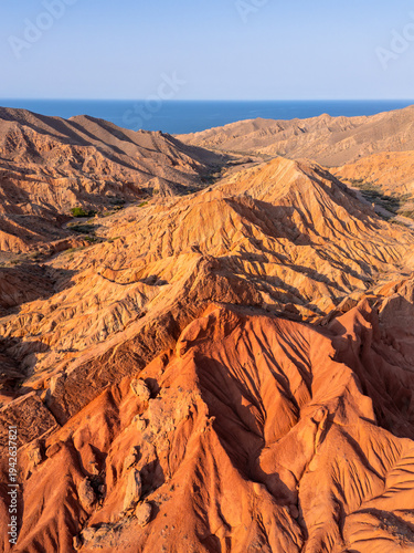 Aerial view of Colorful Desert Formations in Fairy Tale Canyon, Kyrgyzstan