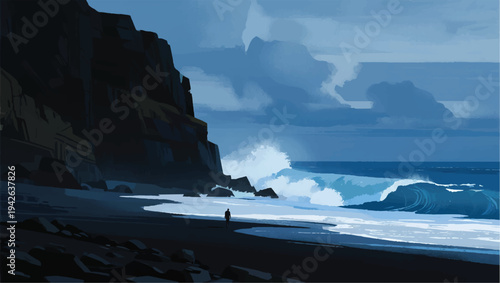 Illustration Of An Adventurer Walking On A Beach In A Dark Atmosphere Vector Design Template