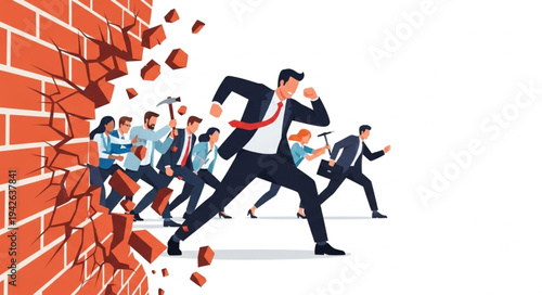 Businessmen Breaking Through Brick Wall.