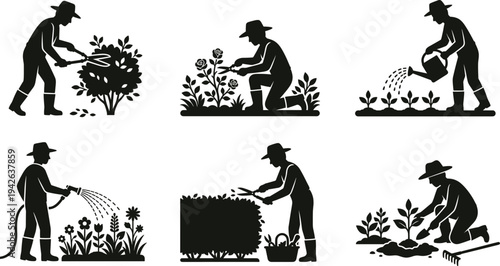 Professional Gardener Silhouette Set Featuring Male Workers Pruning Roses Trimming Hedges and Watering Garden Plants