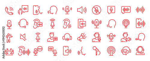 Voice web icons in line style. Sound wave, voice recognition, message, audio, speech, collection. Editable stroke. Vector illustration.