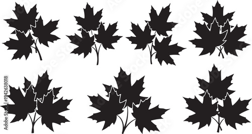 Collection of black maple leaves on white background illustration
