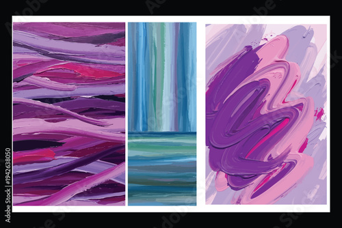Abstract triptych painting with purple pink and blue hues