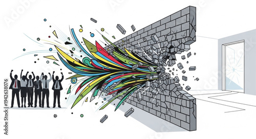 Businesspeople Breaking Through Brick Wall.