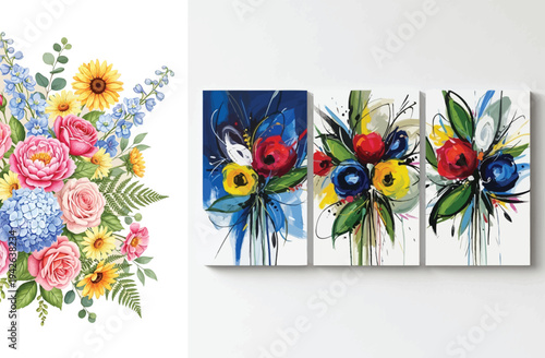 Vibrant floral artwork triptych and solo bouquet display