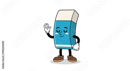 Friendly cartoon eraser character with arms and legs waving hello to represent school supplies and creative mistakes.