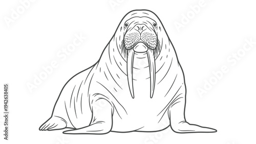 Majestic Walrus Illustration: A captivating line drawing showcasing the impressive features of a walrus, a true giant of the Arctic, known for its distinctive tusks and imposing size.